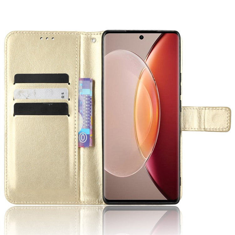 Crazy Horse Texture Wallet Stand Case for vivo X90 5G PU Leather Flip Phone Cover with Strap - Gold