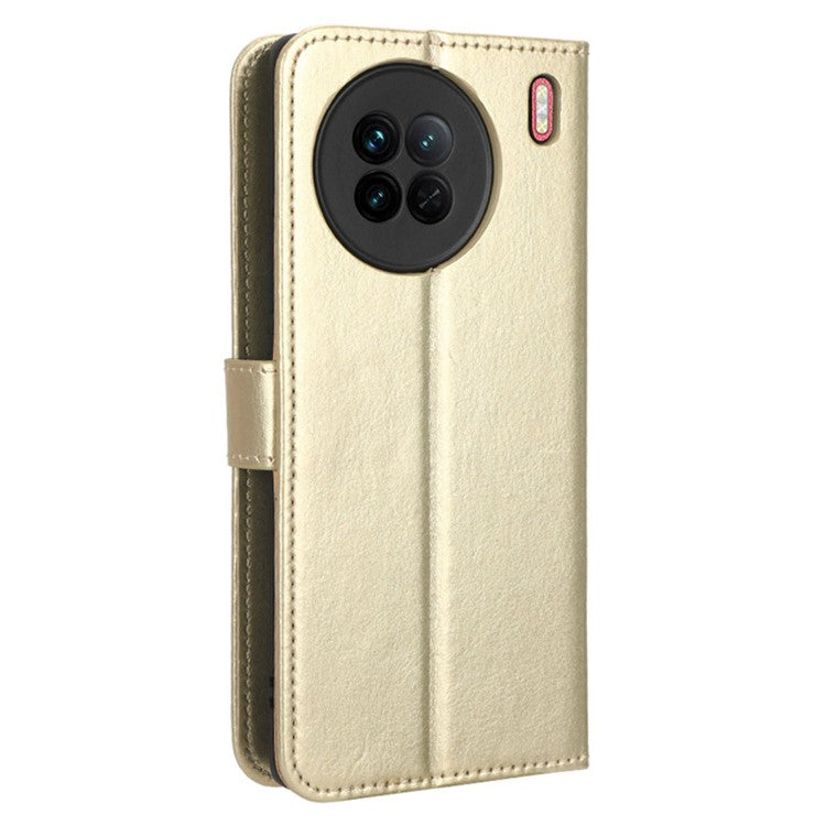 Crazy Horse Texture Wallet Stand Case for vivo X90 5G PU Leather Flip Phone Cover with Strap - Gold