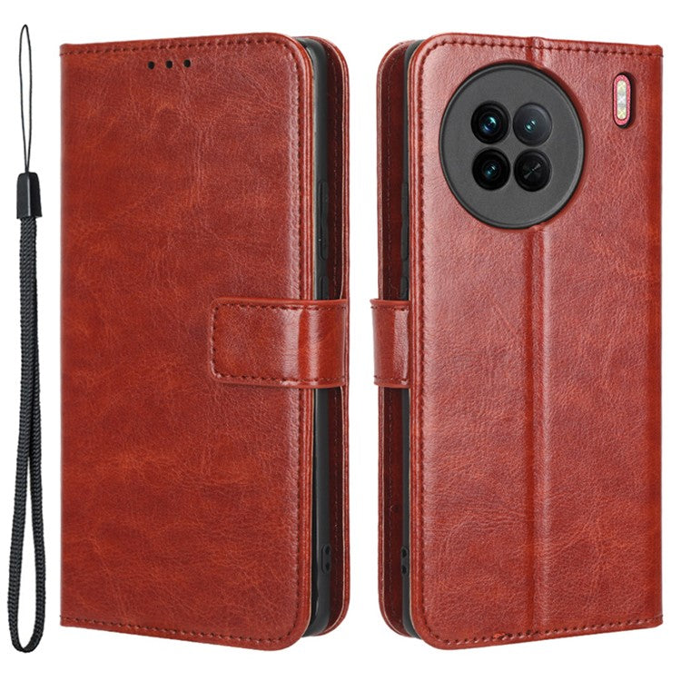 Crazy Horse Texture Wallet Stand Case for vivo X90 5G PU Leather Flip Phone Cover with Strap - Brown