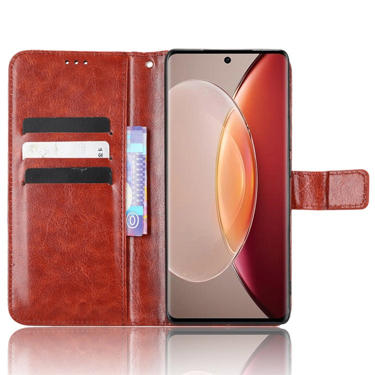 Crazy Horse Texture Wallet Stand Case for vivo X90 5G PU Leather Flip Phone Cover with Strap - Brown