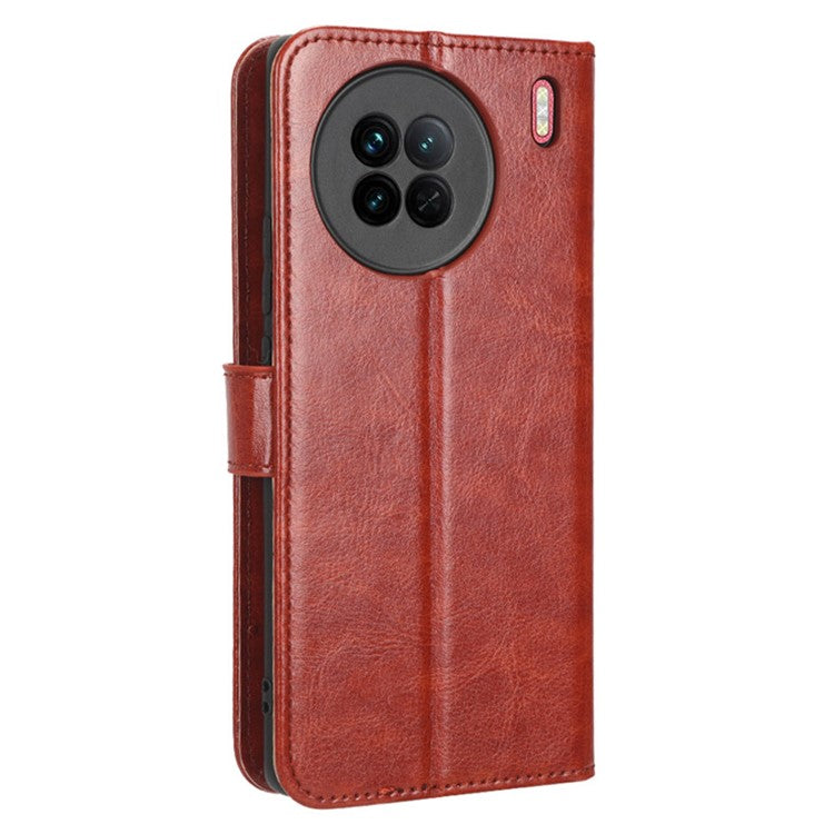 Crazy Horse Texture Wallet Stand Case for vivo X90 5G PU Leather Flip Phone Cover with Strap - Brown