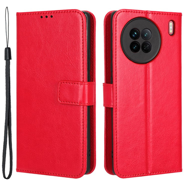 Crazy Horse Texture Wallet Stand Case for vivo X90 5G PU Leather Flip Phone Cover with Strap - Red