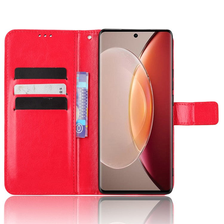 Crazy Horse Texture Wallet Stand Case for vivo X90 5G PU Leather Flip Phone Cover with Strap - Red