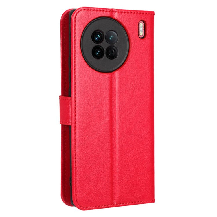 Crazy Horse Texture Wallet Stand Case for vivo X90 5G PU Leather Flip Phone Cover with Strap - Red