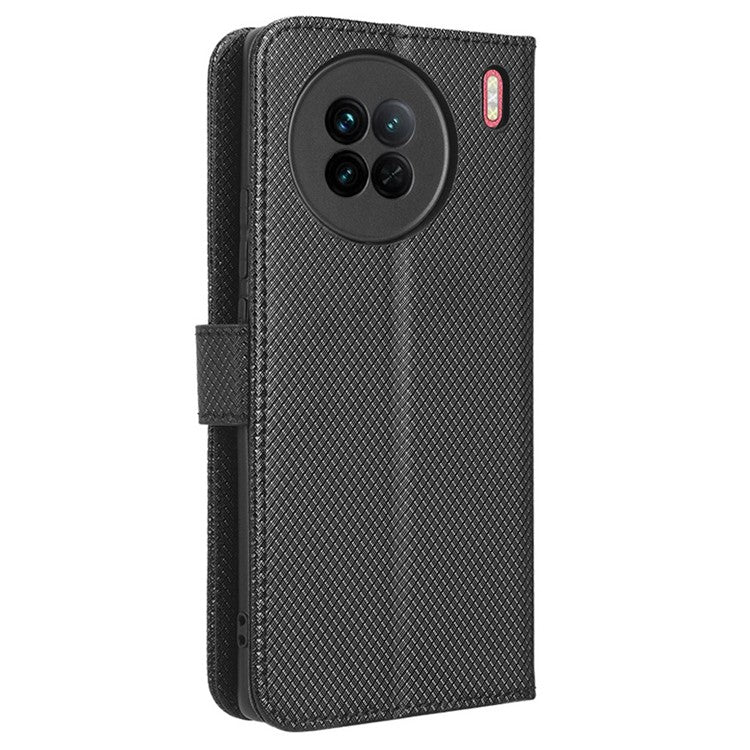 For vivo X90 5G Shockproof Wallet Stand Phone Case Diamond Texture Leather Mobile Phone Cover Shell - Black