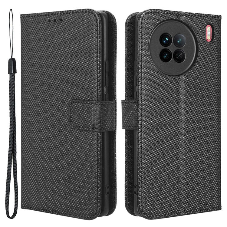 For vivo X90 5G Shockproof Wallet Stand Phone Case Diamond Texture Leather Mobile Phone Cover Shell - Black