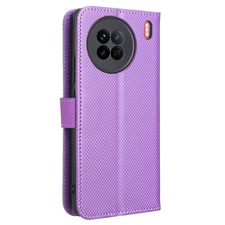 For vivo X90 5G Shockproof Wallet Stand Phone Case Diamond Texture Leather Mobile Phone Cover Shell - Purple