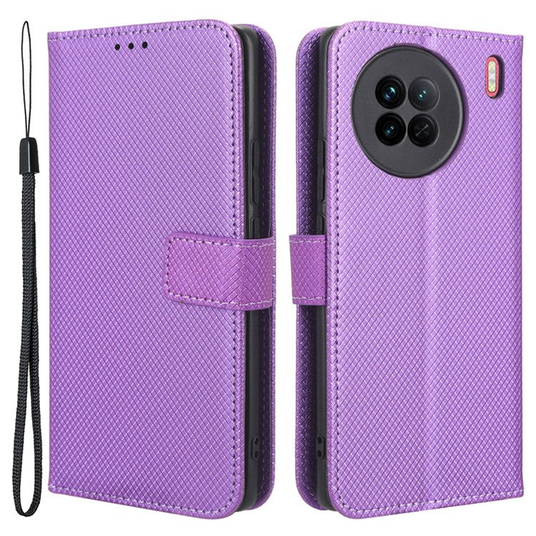 For vivo X90 5G Shockproof Wallet Stand Phone Case Diamond Texture Leather Mobile Phone Cover Shell - Purple