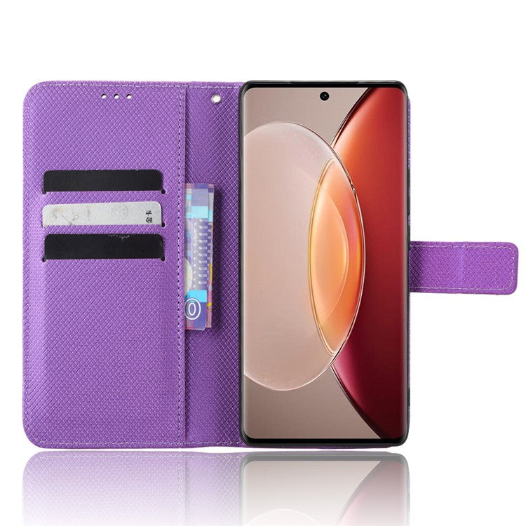 For vivo X90 5G Shockproof Wallet Stand Phone Case Diamond Texture Leather Mobile Phone Cover Shell - Purple