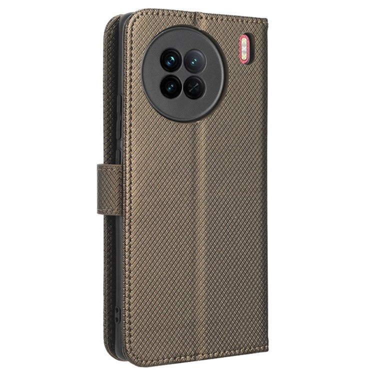 For vivo X90 5G Shockproof Wallet Stand Phone Case Diamond Texture Leather Mobile Phone Cover Shell - Brown