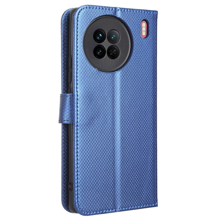 For vivo X90 5G Shockproof Wallet Stand Phone Case Diamond Texture Leather Mobile Phone Cover Shell - Blue