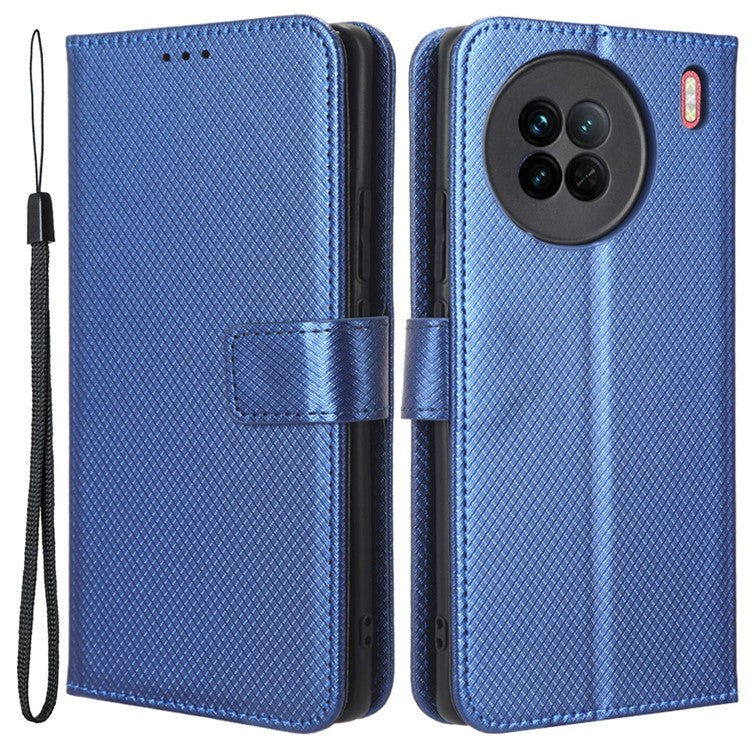 For vivo X90 5G Shockproof Wallet Stand Phone Case Diamond Texture Leather Mobile Phone Cover Shell - Blue