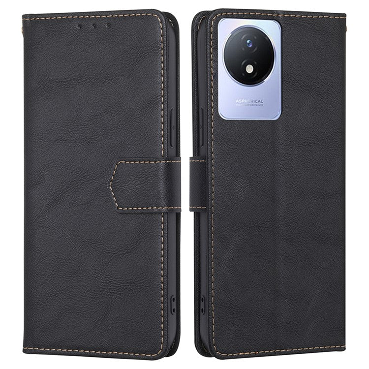 For vivo Y02 4G Fall Resistant Cowhide Texture PU Leather Stand Wallet Phone Case RFID Blocking Cover - Black