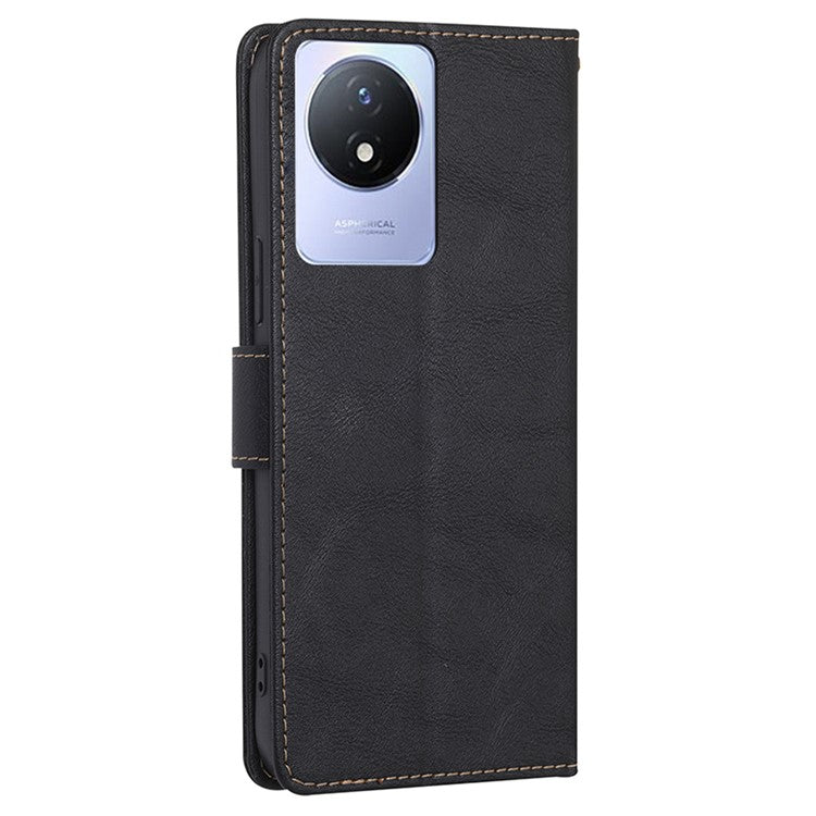 For vivo Y02 4G Fall Resistant Cowhide Texture PU Leather Stand Wallet Phone Case RFID Blocking Cover - Black