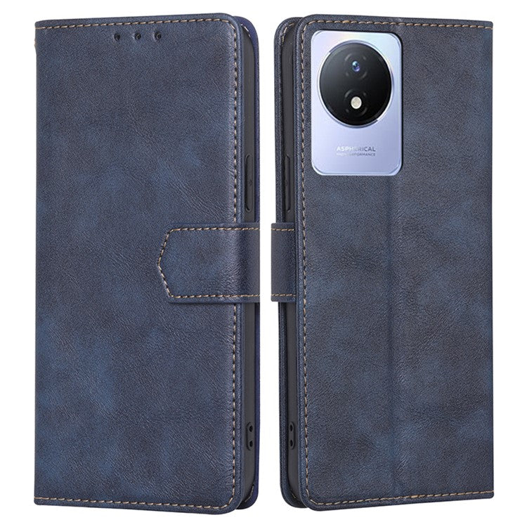 For vivo Y02 4G Fall Resistant Cowhide Texture PU Leather Stand Wallet Phone Case RFID Blocking Cover - Blue