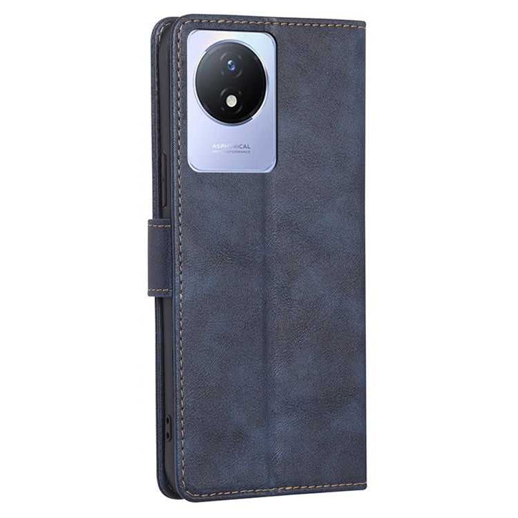 For vivo Y02 4G Fall Resistant Cowhide Texture PU Leather Stand Wallet Phone Case RFID Blocking Cover - Blue