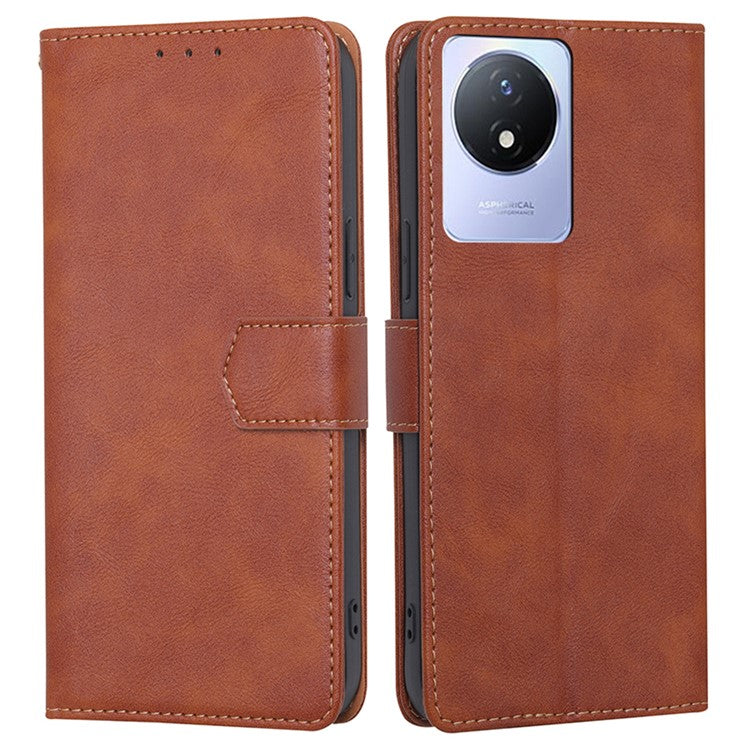 For vivo Y02 4G Fall Resistant Cowhide Texture PU Leather Stand Wallet Phone Case RFID Blocking Cover - Brown