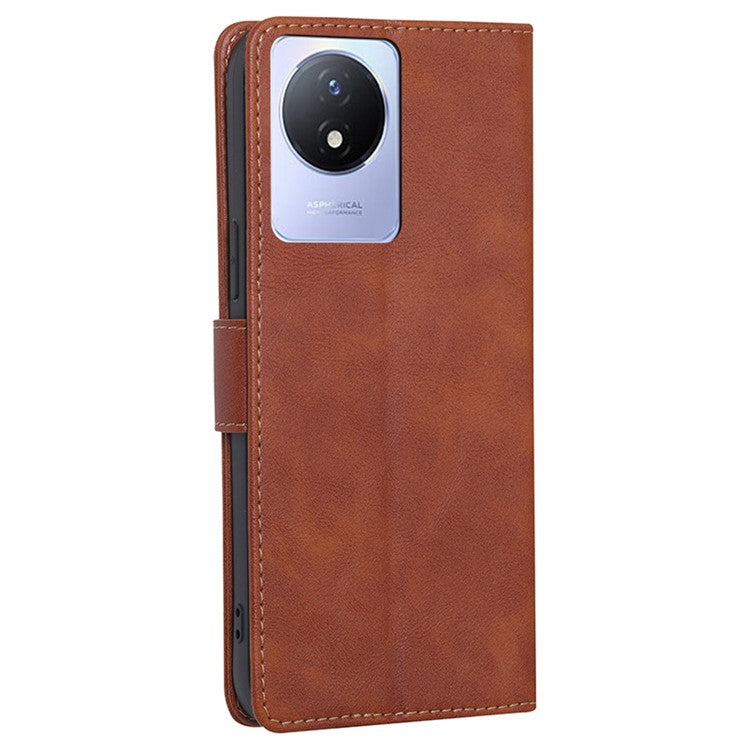 For vivo Y02 4G Fall Resistant Cowhide Texture PU Leather Stand Wallet Phone Case RFID Blocking Cover - Brown