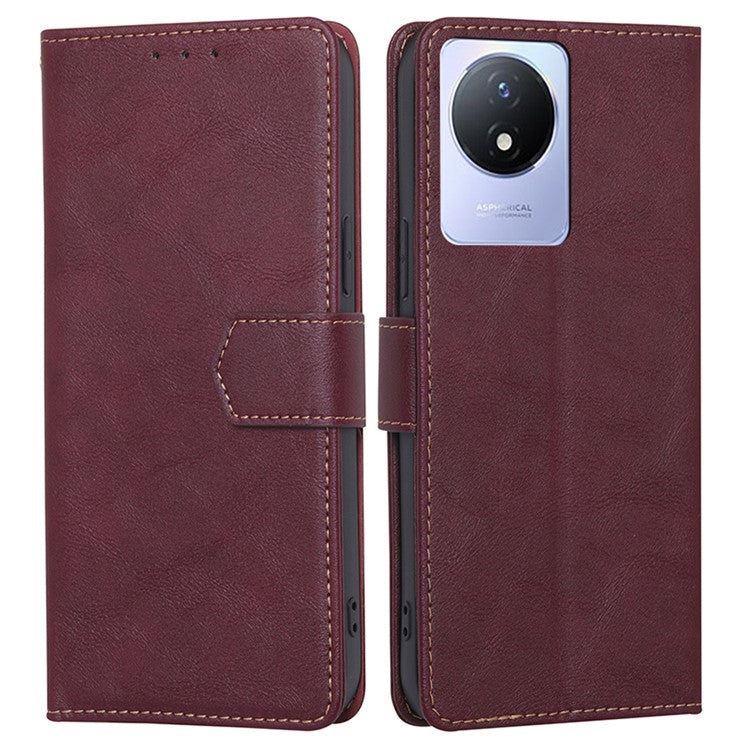 For vivo Y02 4G Fall Resistant Cowhide Texture PU Leather Stand Wallet Phone Case RFID Blocking Cover - Wine Red