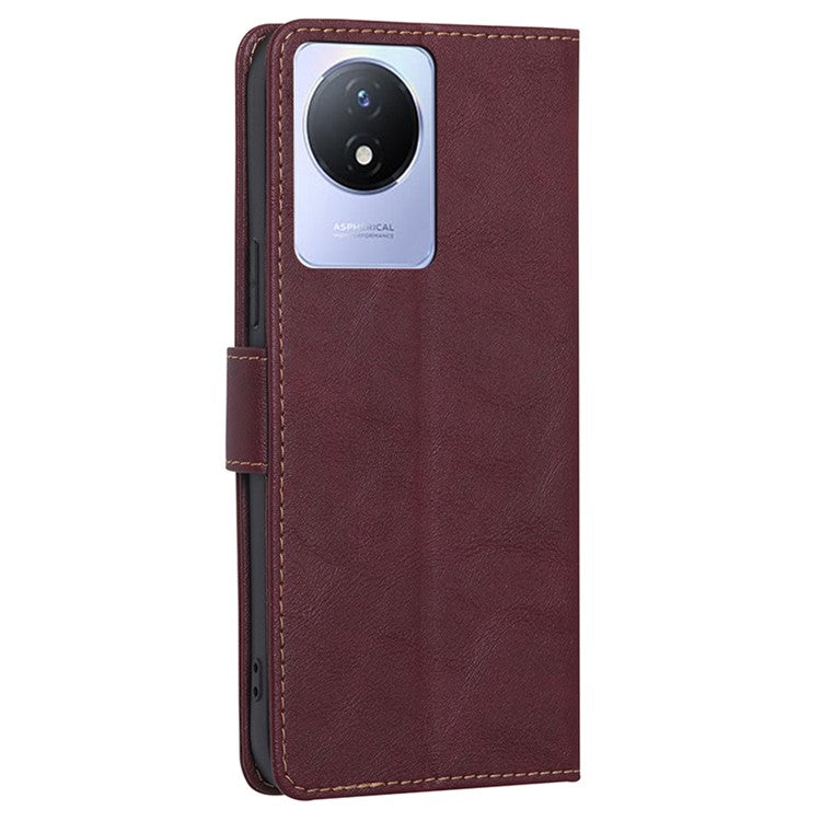 For vivo Y02 4G Fall Resistant Cowhide Texture PU Leather Stand Wallet Phone Case RFID Blocking Cover - Wine Red