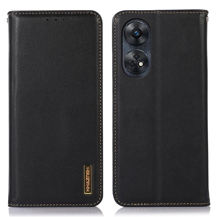 KHAZNEH Phone Wallet Cover for Oppo Reno8 T 4G RFID Blocking Genuine Cowhide Leather Stand Phone Case - Black