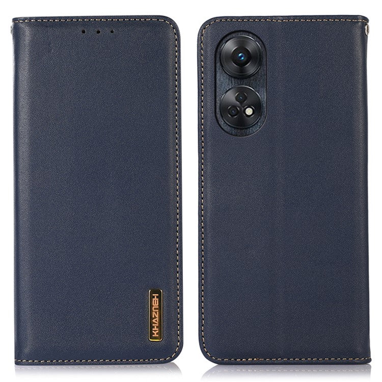 KHAZNEH Phone Wallet Cover for Oppo Reno8 T 4G RFID Blocking Genuine Cowhide Leather Stand Phone Case - Blue