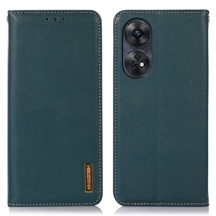 KHAZNEH Phone Wallet Cover for Oppo Reno8 T 4G RFID Blocking Genuine Cowhide Leather Stand Phone Case - Green