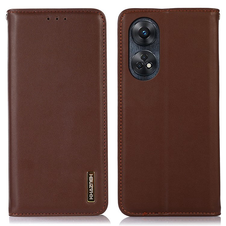 KHAZNEH Phone Wallet Cover for Oppo Reno8 T 4G RFID Blocking Genuine Cowhide Leather Stand Phone Case - Brown