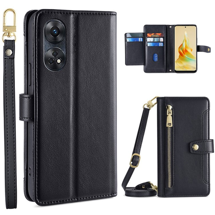 Zipper Pocket Phone Case for Oppo Reno8 T 4G Card Slots Leather Stand Phone Cover with Straps - Black