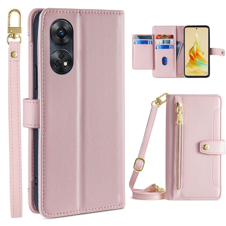 Zipper Pocket Phone Case for Oppo Reno8 T 4G Card Slots Leather Stand Phone Cover with Straps - Pink