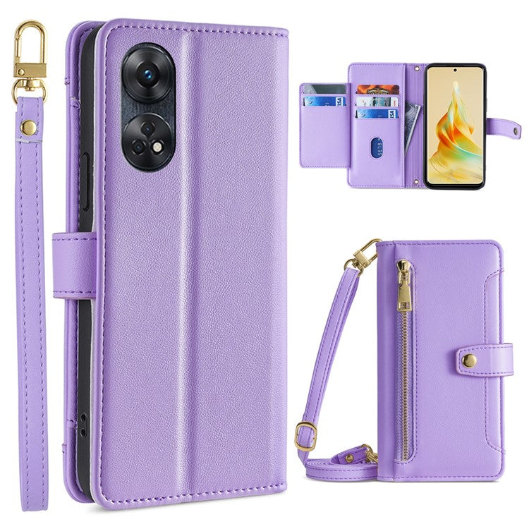 Zipper Pocket Phone Case for Oppo Reno8 T 4G Card Slots Leather Stand Phone Cover with Straps - Purple