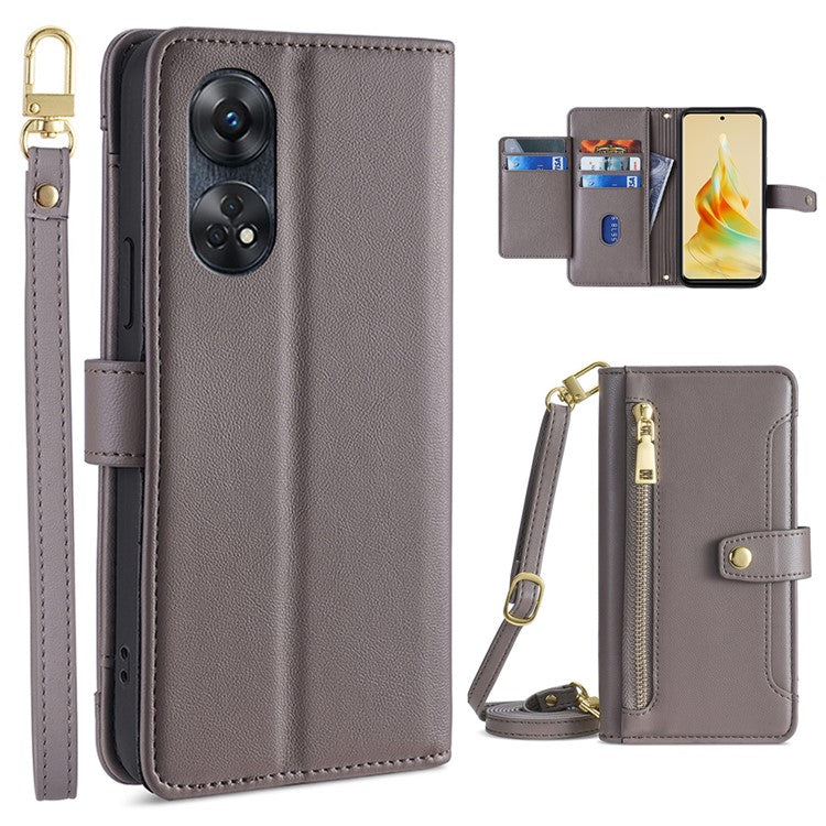 Zipper Pocket Phone Case for Oppo Reno8 T 4G Card Slots Leather Stand Phone Cover with Straps - Grey