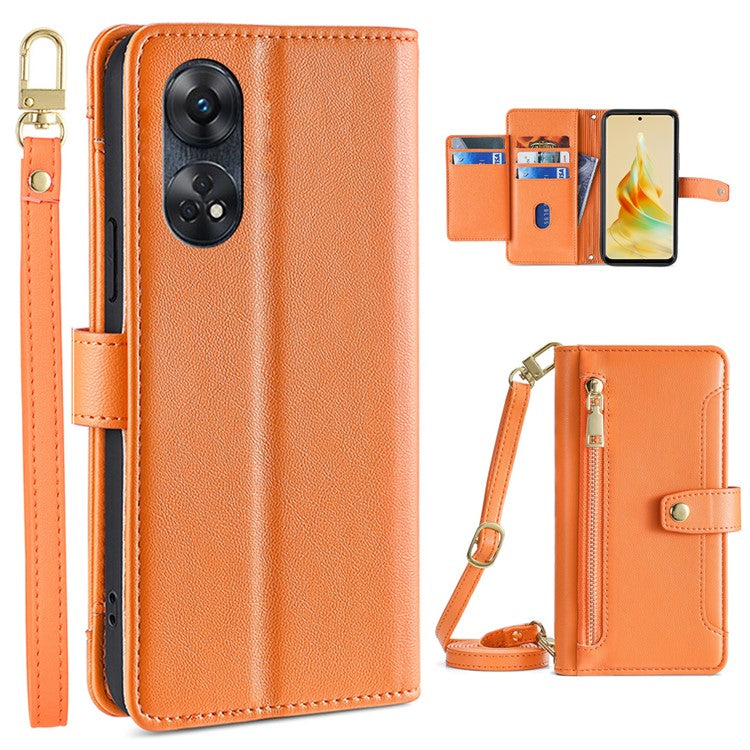 Zipper Pocket Phone Case for Oppo Reno8 T 4G Card Slots Leather Stand Phone Cover with Straps - Orange