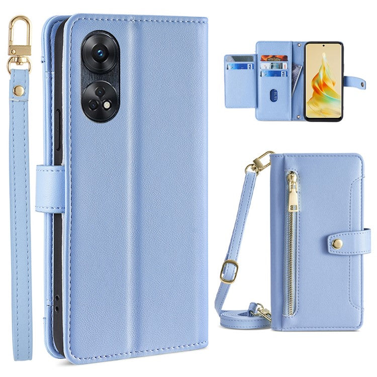 Zipper Pocket Phone Case for Oppo Reno8 T 4G Card Slots Leather Stand Phone Cover with Straps - Blue