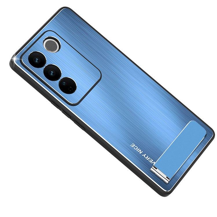 Brushed Phone Case for vivo S16e 5G Kickstand TPU Frame Aluminium Alloy Back Protective Cover - Blue