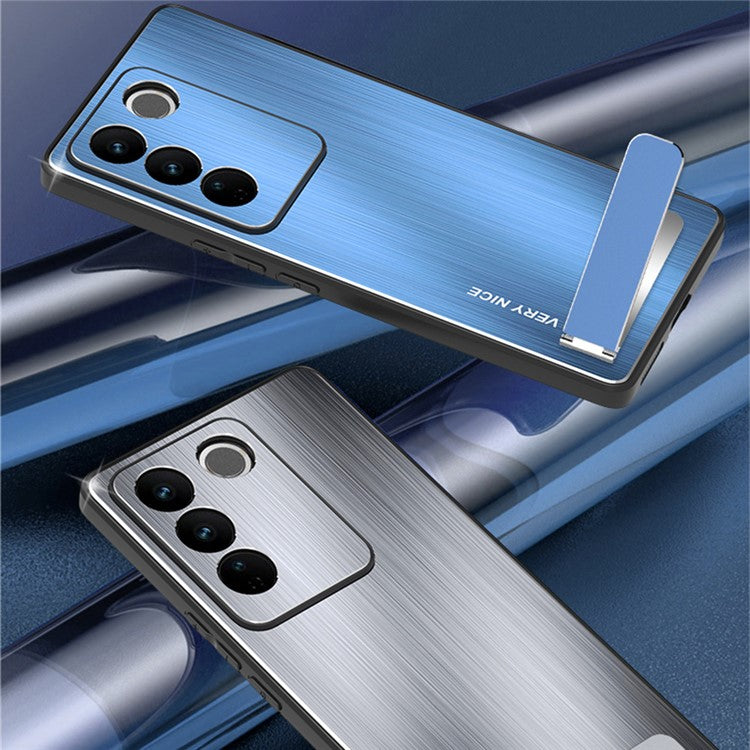 Brushed Phone Case for vivo S16e 5G Kickstand TPU Frame Aluminium Alloy Back Protective Cover - Blue