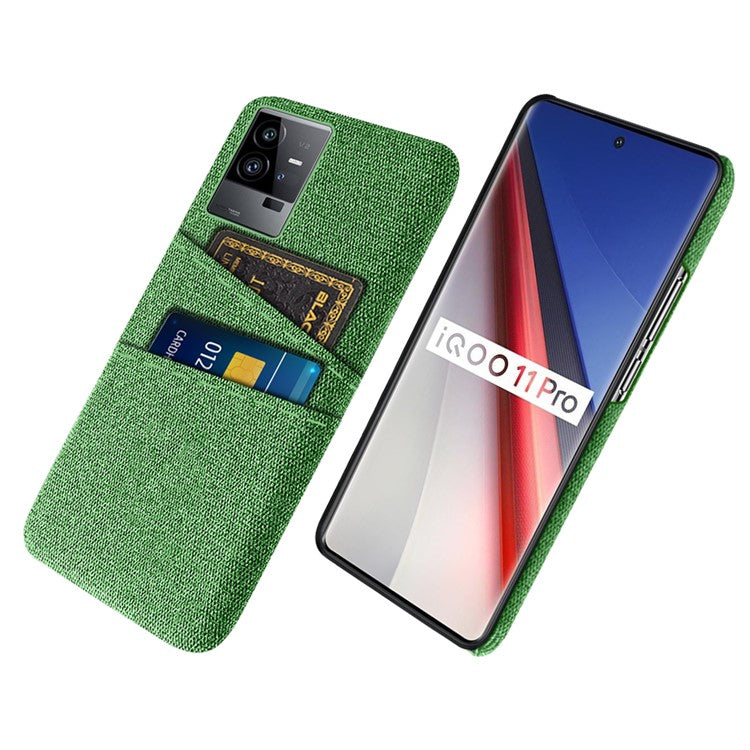 For vivo iQOO 11 Pro 5G Cloth Texture Phone Case Dual Card Slots Holder Hard PC Phone Cover - Green