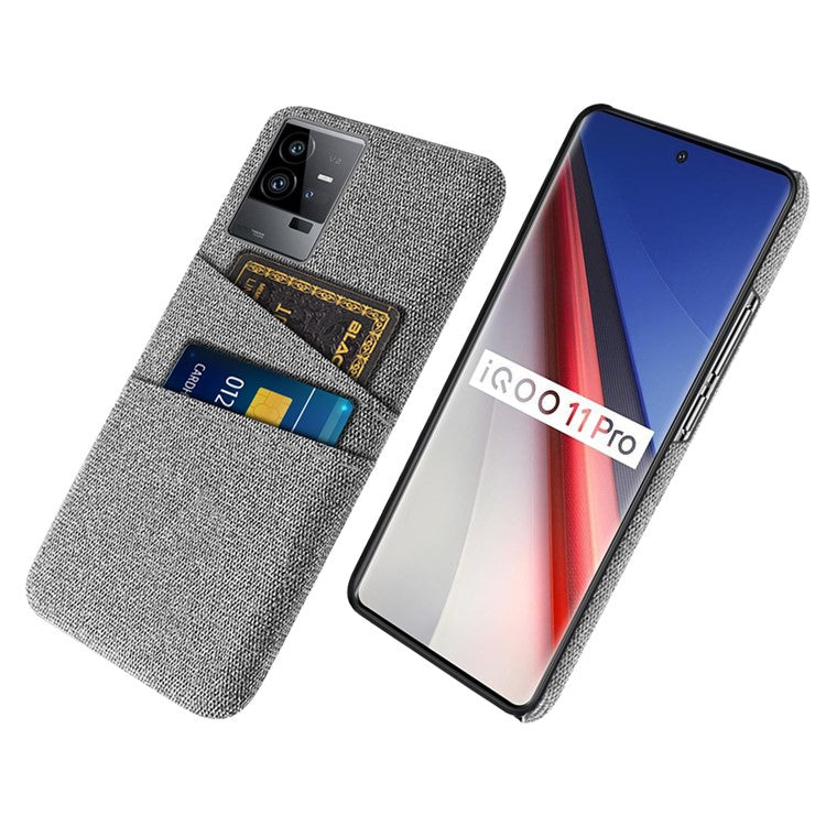 For vivo iQOO 11 Pro 5G Cloth Texture Phone Case Dual Card Slots Holder Hard PC Phone Cover - Light Grey