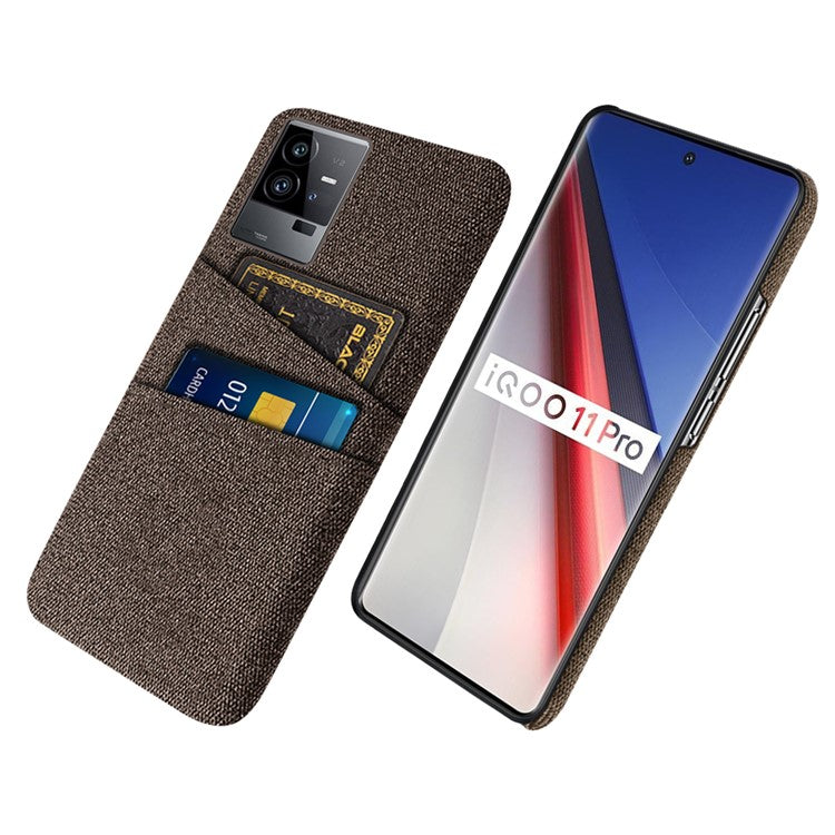 For vivo iQOO 11 Pro 5G Cloth Texture Phone Case Dual Card Slots Holder Hard PC Phone Cover - Brown