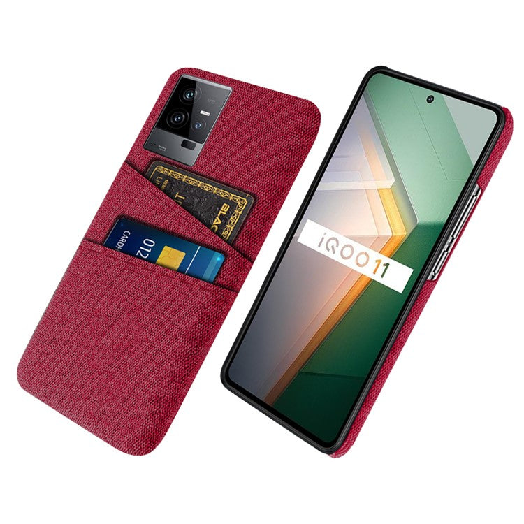 For vivo iQOO 11 5G Hard PC Cushion Dual Card Slots Cover Cloth Texture Non-Slip Phone Case - Red