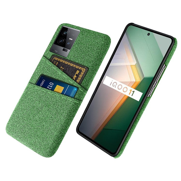 For vivo iQOO 11 5G Hard PC Cushion Dual Card Slots Cover Cloth Texture Non-Slip Phone Case - Green