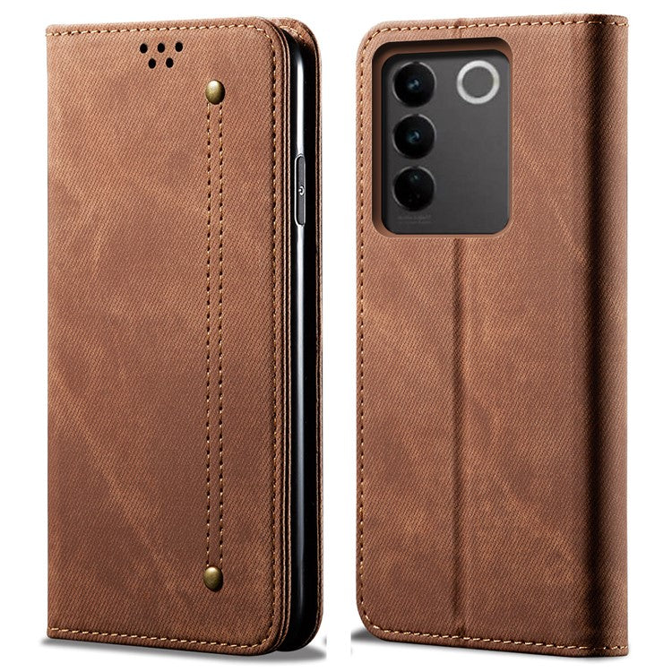 For vivo V27 5G PU Leather Flip Phone Case Jeans Cloth Texture Stand TPU Inner Shell Wallet - Coffee