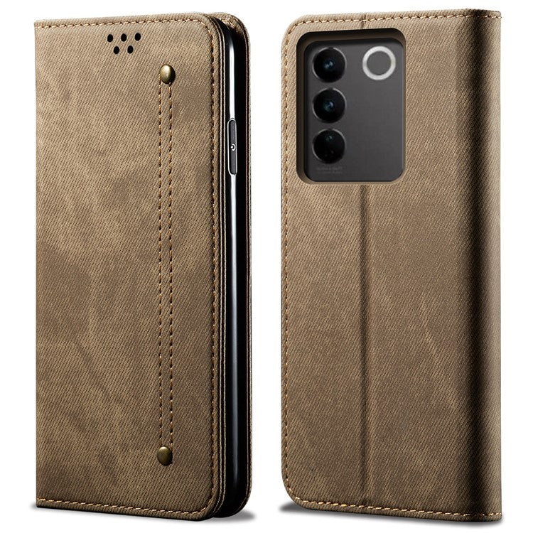 For vivo V27 5G PU Leather Flip Phone Case Jeans Cloth Texture Stand TPU Inner Shell Wallet - Khaki