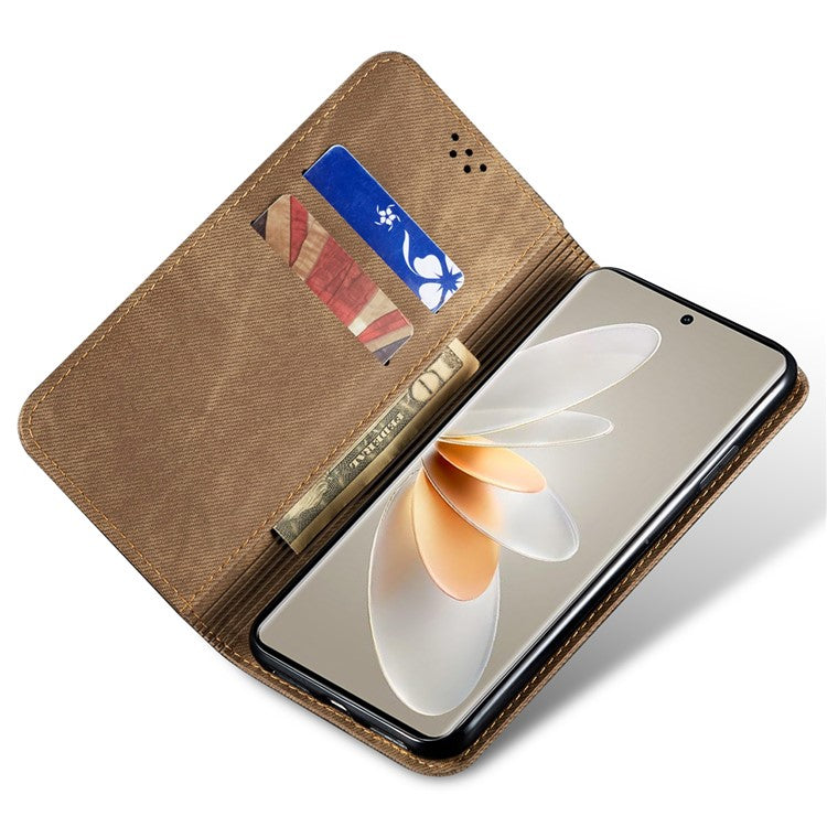 For vivo V27 5G PU Leather Flip Phone Case Jeans Cloth Texture Stand TPU Inner Shell Wallet - Khaki