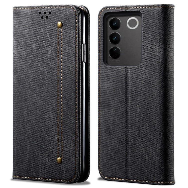 For vivo V27 5G PU Leather Flip Phone Case Jeans Cloth Texture Stand TPU Inner Shell Wallet - Black