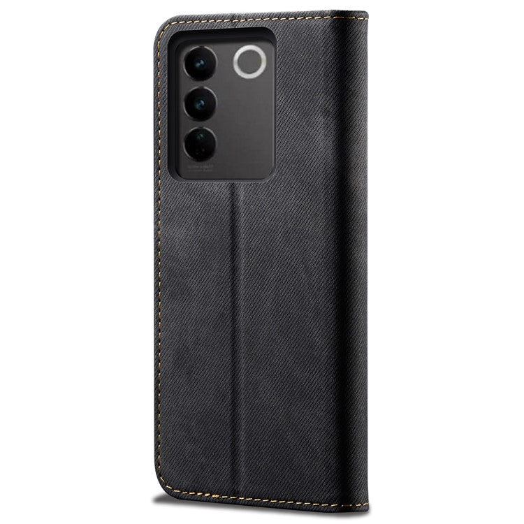 For vivo V27 5G PU Leather Flip Phone Case Jeans Cloth Texture Stand TPU Inner Shell Wallet - Black