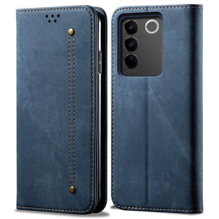 For vivo V27 5G PU Leather Flip Phone Case Jeans Cloth Texture Stand TPU Inner Shell Wallet - Blue