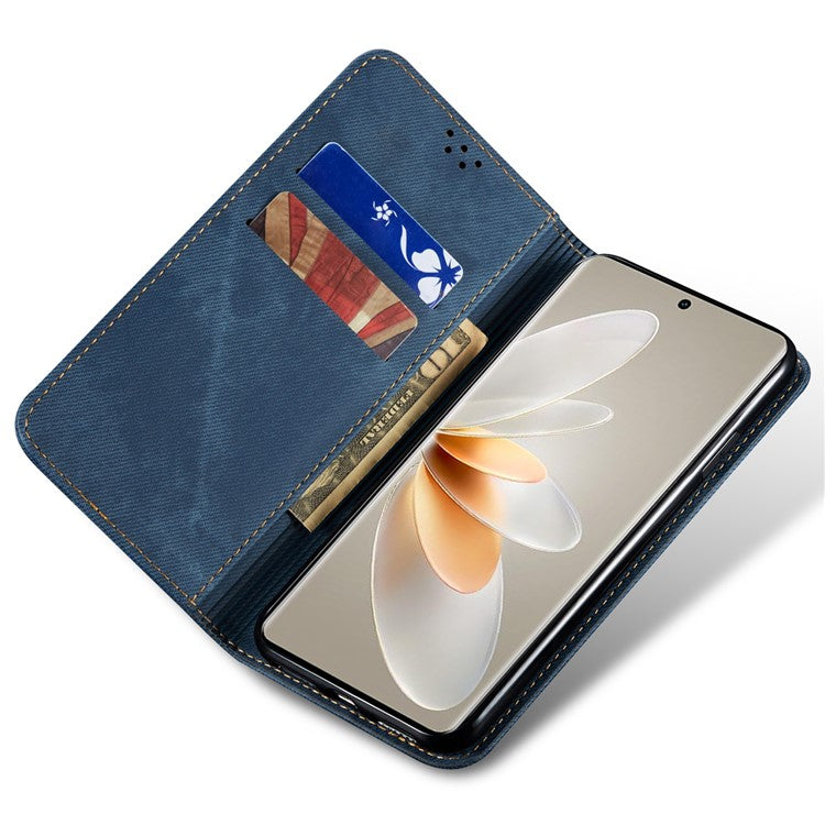 For vivo V27 5G PU Leather Flip Phone Case Jeans Cloth Texture Stand TPU Inner Shell Wallet - Blue