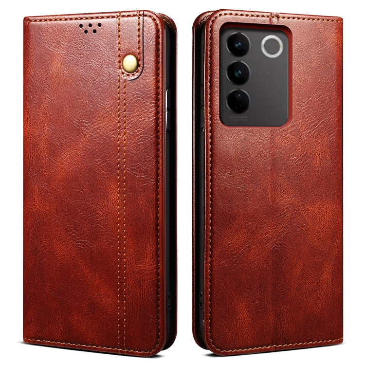 Waxy Crazy Horse Texture Phone Case for vivo V27 5G , Stand Wallet Leather Cell Phone Cover - Brown