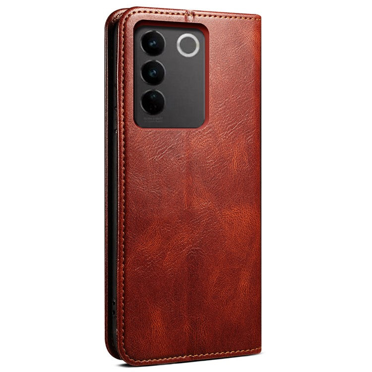 Waxy Crazy Horse Texture Phone Case for vivo V27 5G , Stand Wallet Leather Cell Phone Cover - Brown